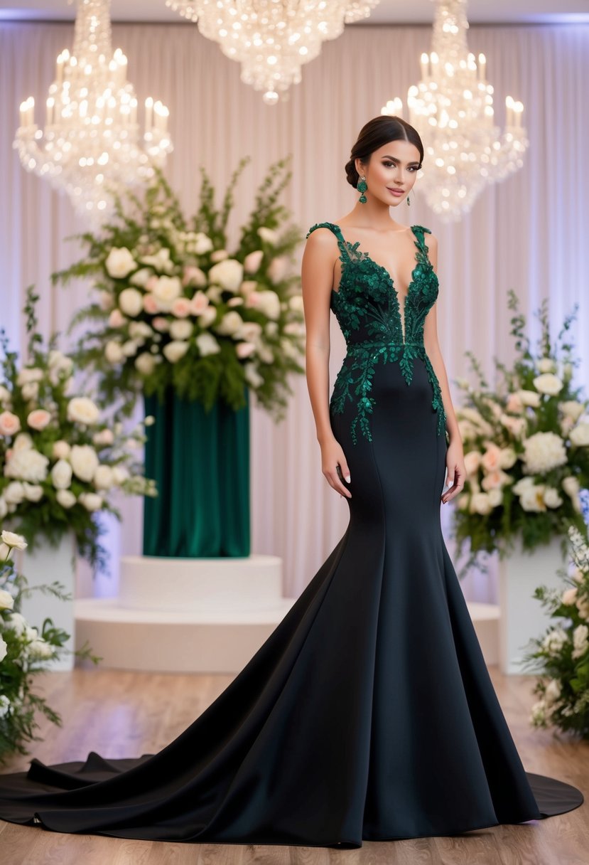 A sleek black wedding gown adorned with rich emerald accents, set against a backdrop of elegant floral arrangements and sparkling chandeliers