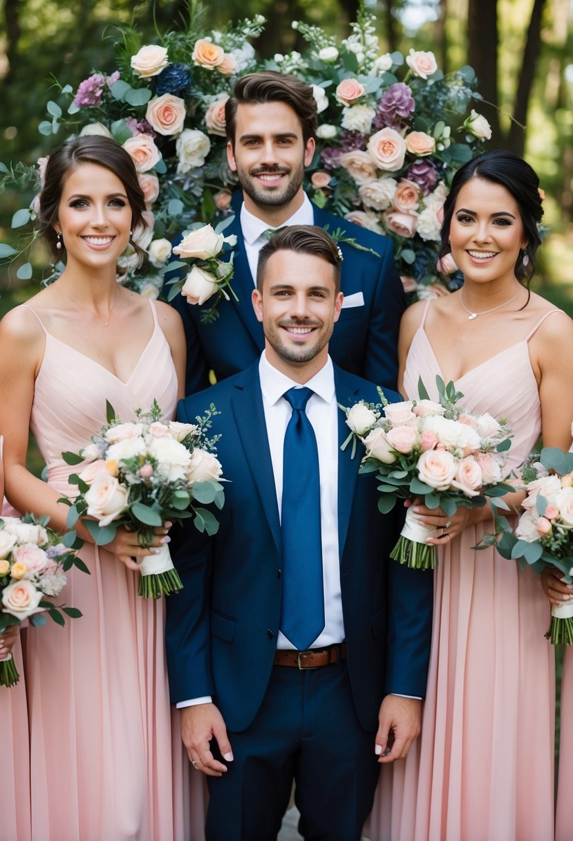 Bridesmaid dresses in rosy pink, groomsmen ties in navy blue, surrounded by floral arrangements in matching colors