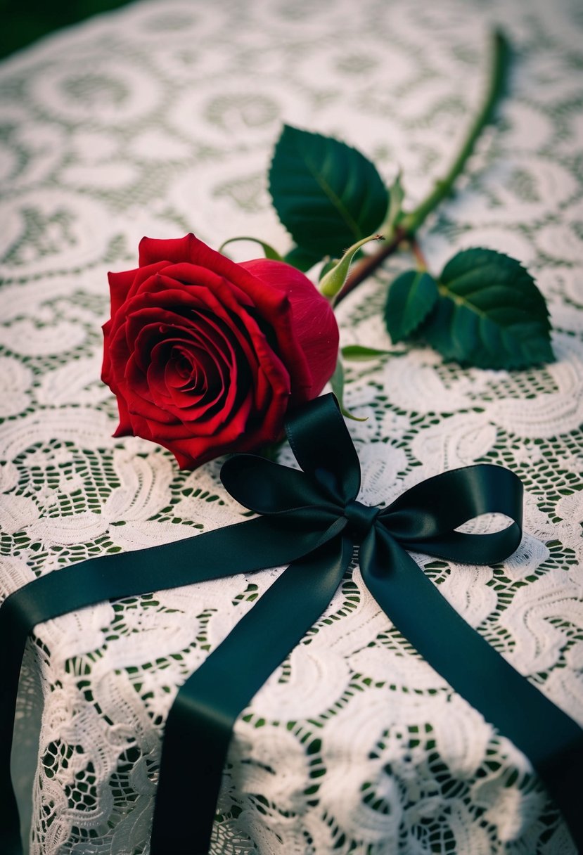 A red rose entwined with black ribbon on a white lace tablecloth