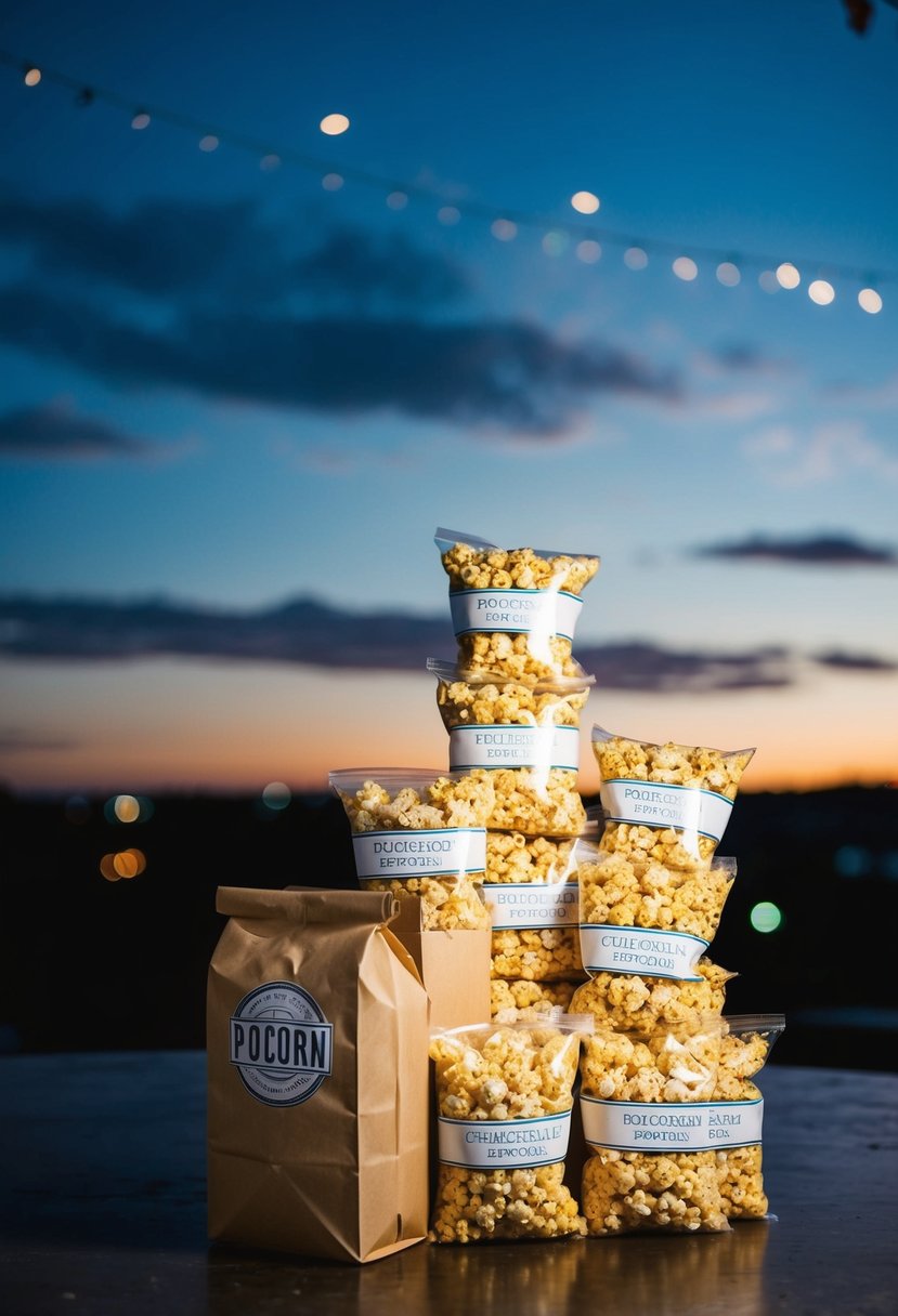 A food truck with stacks of custom-seasoned popcorn bags under a late-night wedding sky