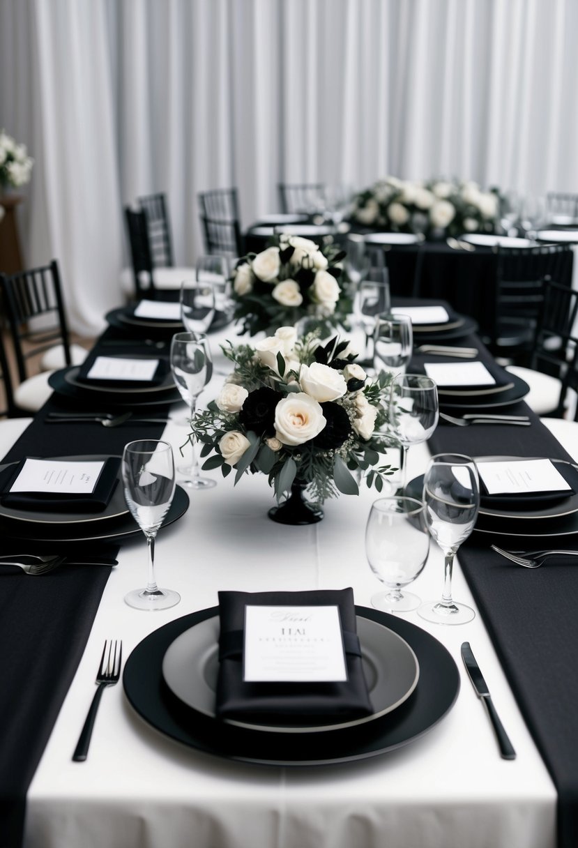 A sleek black and white wedding table setting with elegant floral centerpieces and contrasting linens