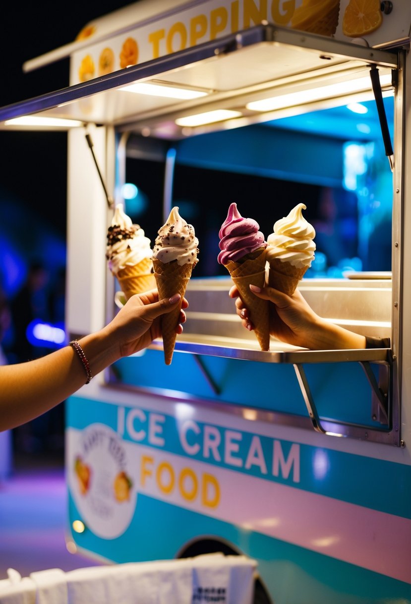 A food truck serving ice cream cones with a variety of toppings, set up at a late night wedding reception