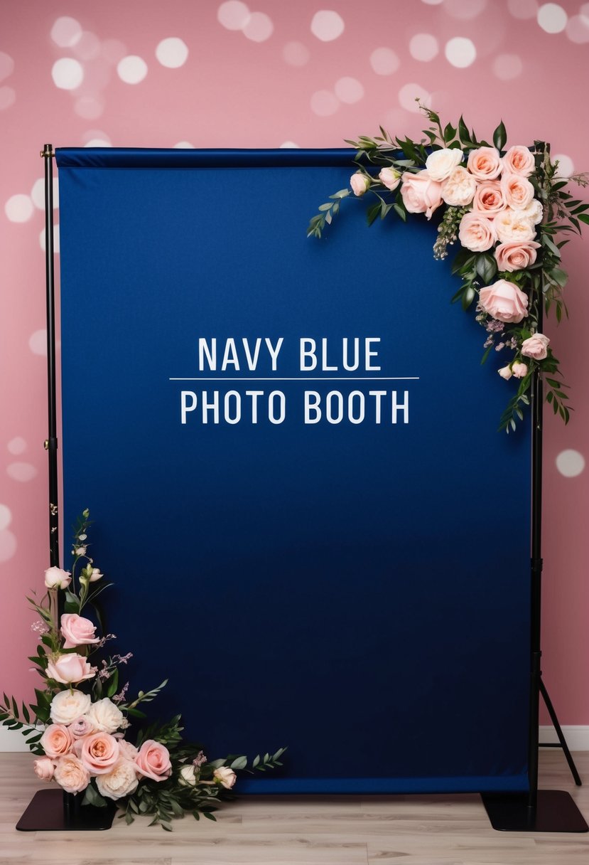 A navy blue photo booth backdrop adorned with rosy pink floral accents