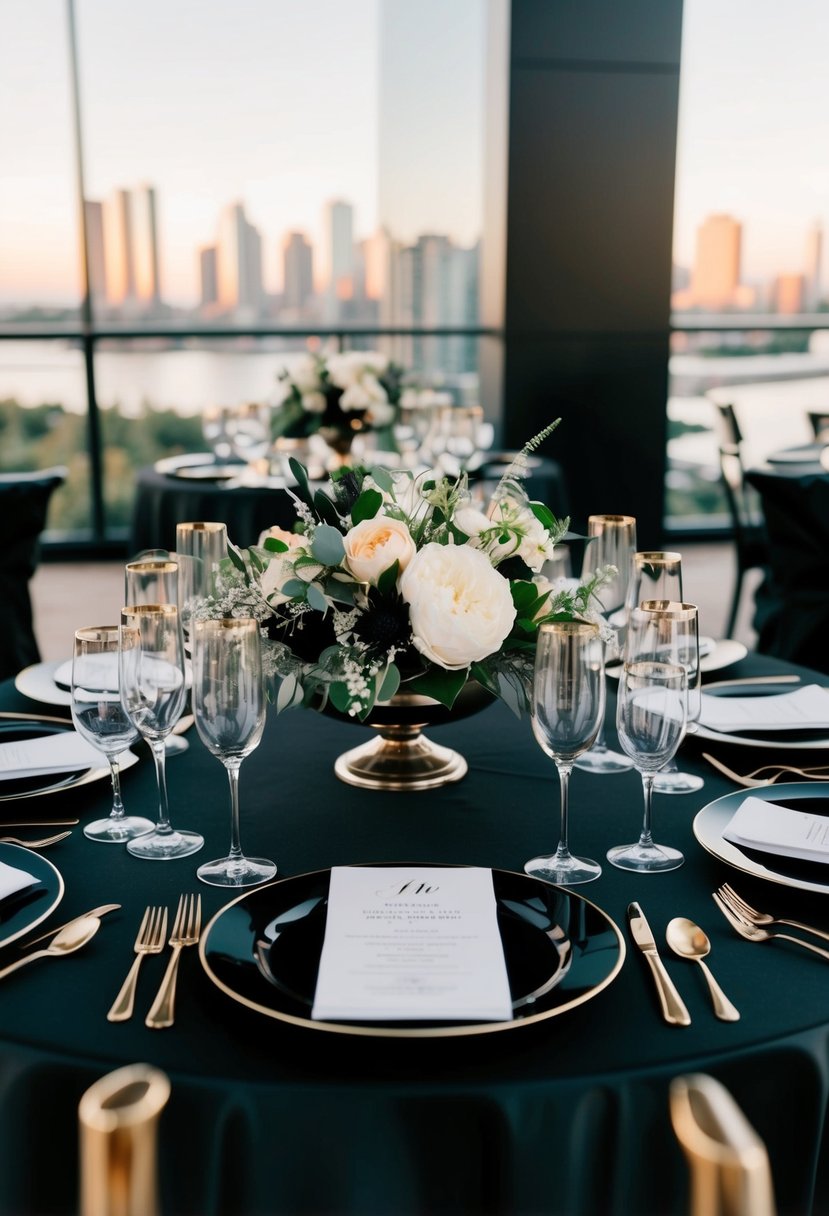 A sleek black wedding table setting with metallic accents and elegant floral arrangements