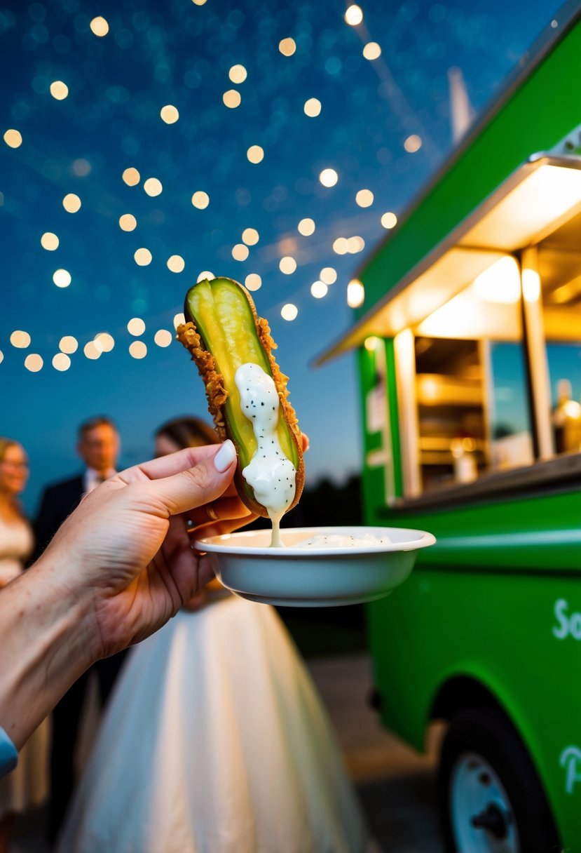 A food truck serving deep-fried pickles with ranch dressing under a starry night sky at a wedding reception