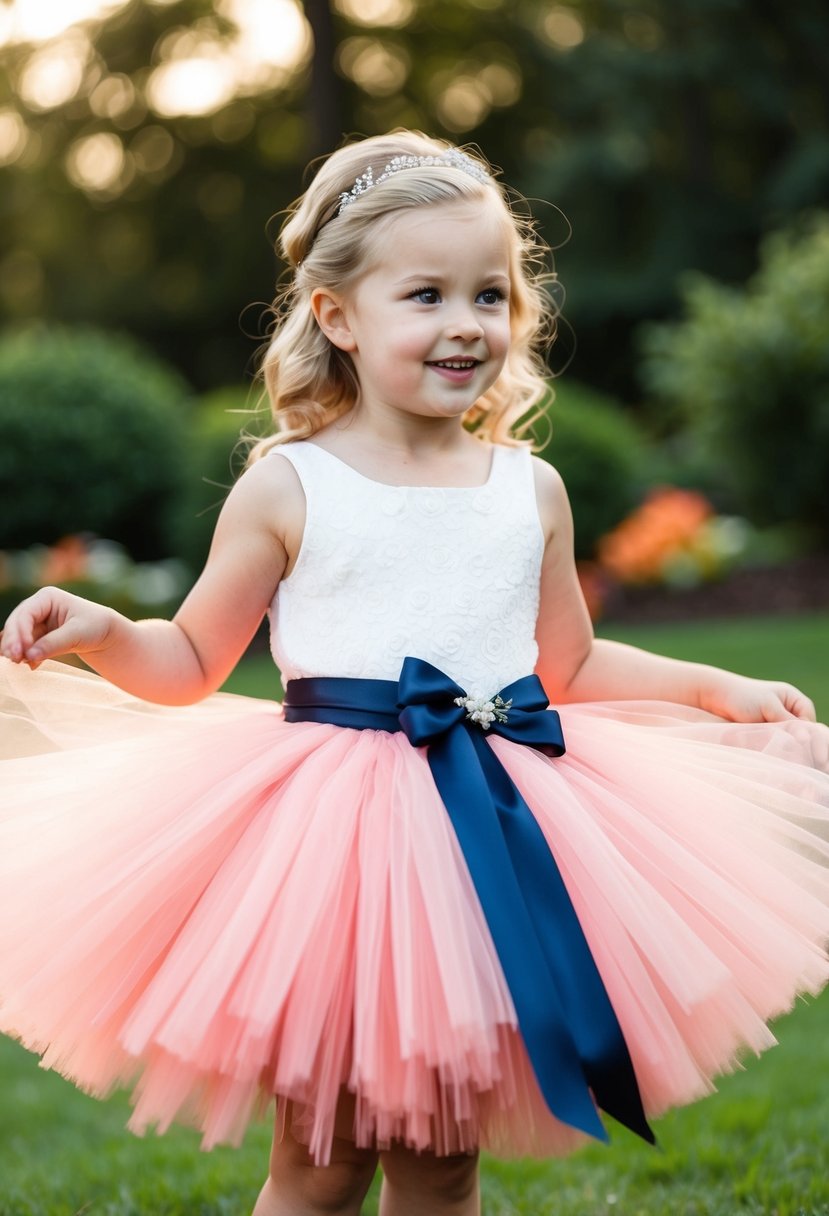 A rosy pink tutu with a navy blue sash on a flower girl