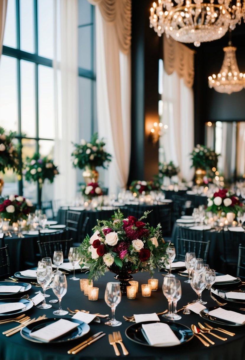 A luxurious black wedding table adorned with jewel-toned accessories and elegant decor