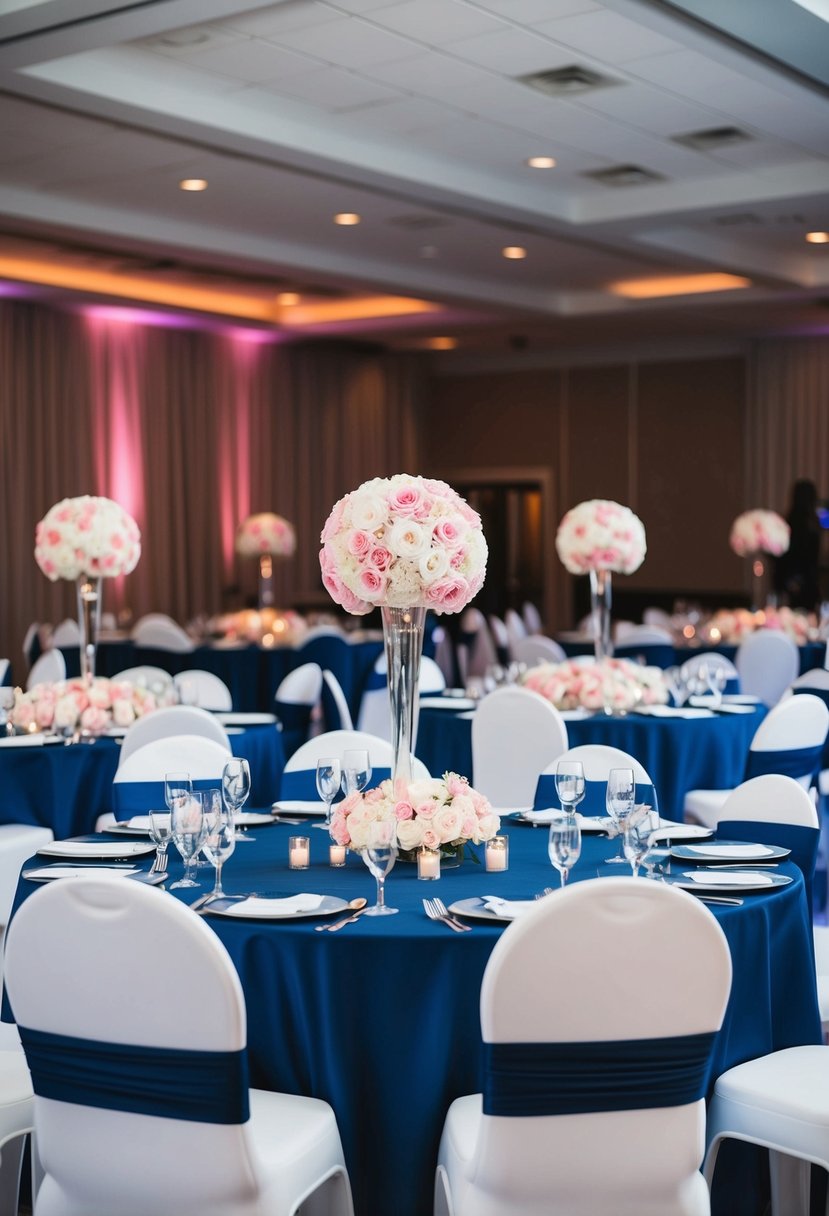 Navy blue tablecloths complement rosy pink centerpieces at a wedding reception