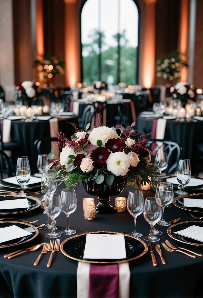 A grand black and burgundy wedding table setting with elegant floral arrangements and bold, intricate details