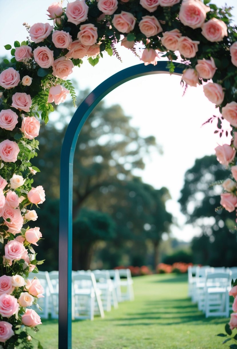 Rosy pink roses adorn a navy blue wedding arch