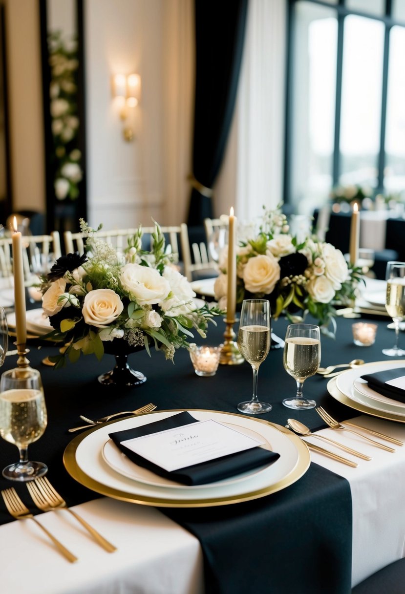 A sleek black and champagne wedding table setting with elegant floral centerpieces and sophisticated tableware