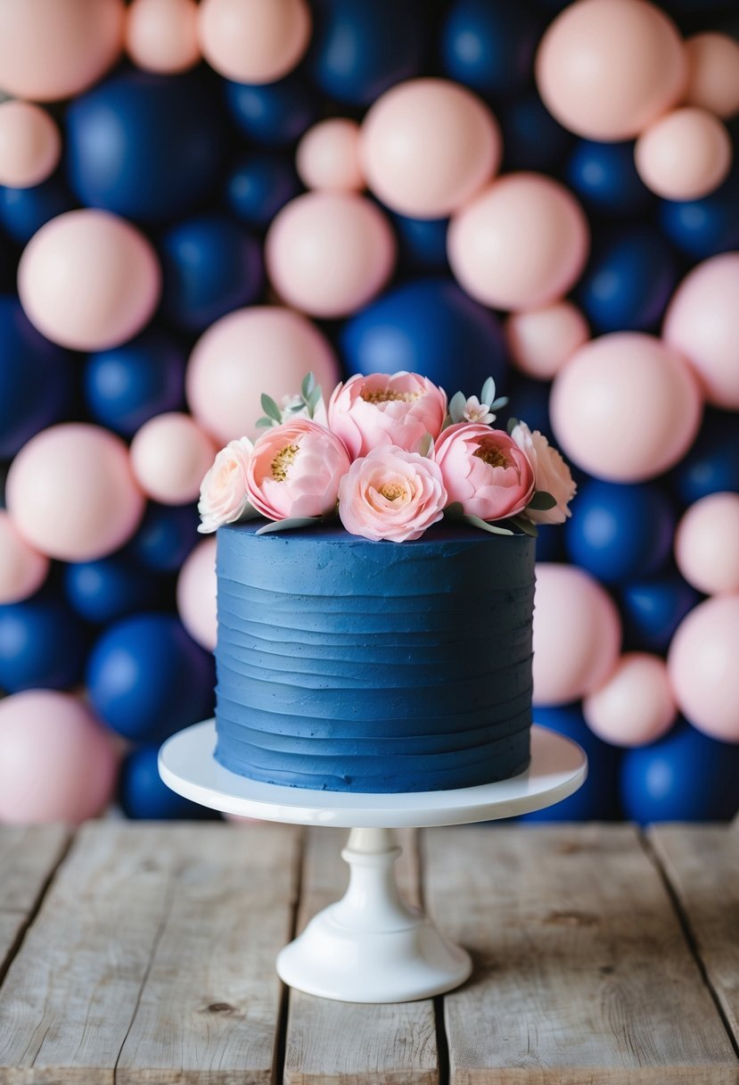 A navy blue cake topped with rosy pink sugar flowers against a backdrop of navy blue and rosy pink wedding decor