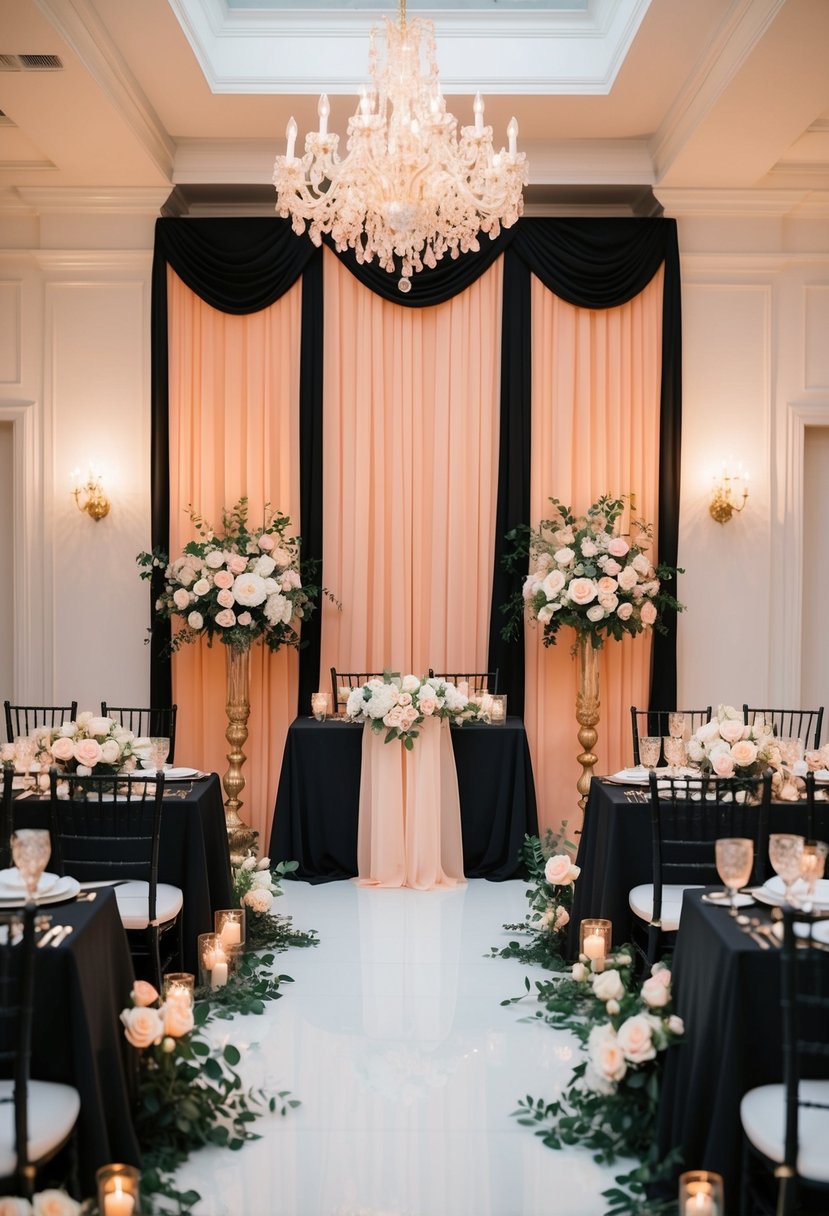 A black and peach color palette with elegant decor and warm lighting for a beautiful wedding setting