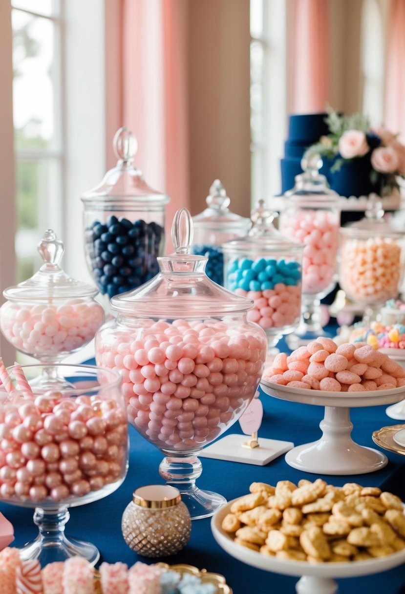 A rosy pink and navy blue candy buffet with assorted sweets and decorative accents