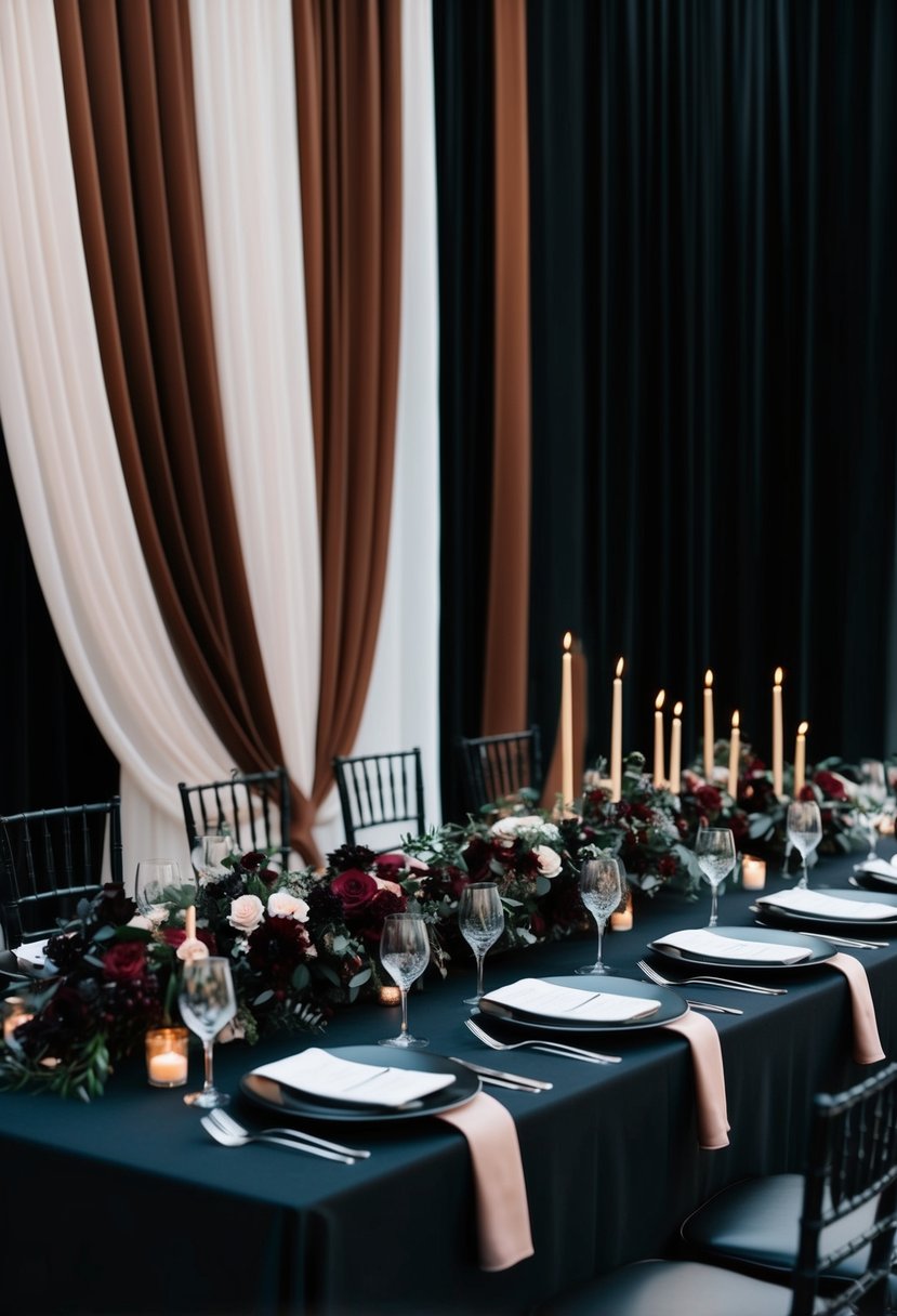 A black and mahogany depth wedding color scheme with elegant, flowing fabric draped over a sleek, modern table set with rich, dark florals and candles