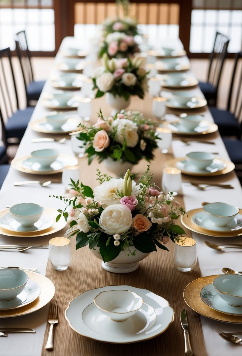 A traditional Japanese wedding table set with elegant floral arrangements and delicate porcelain dishes