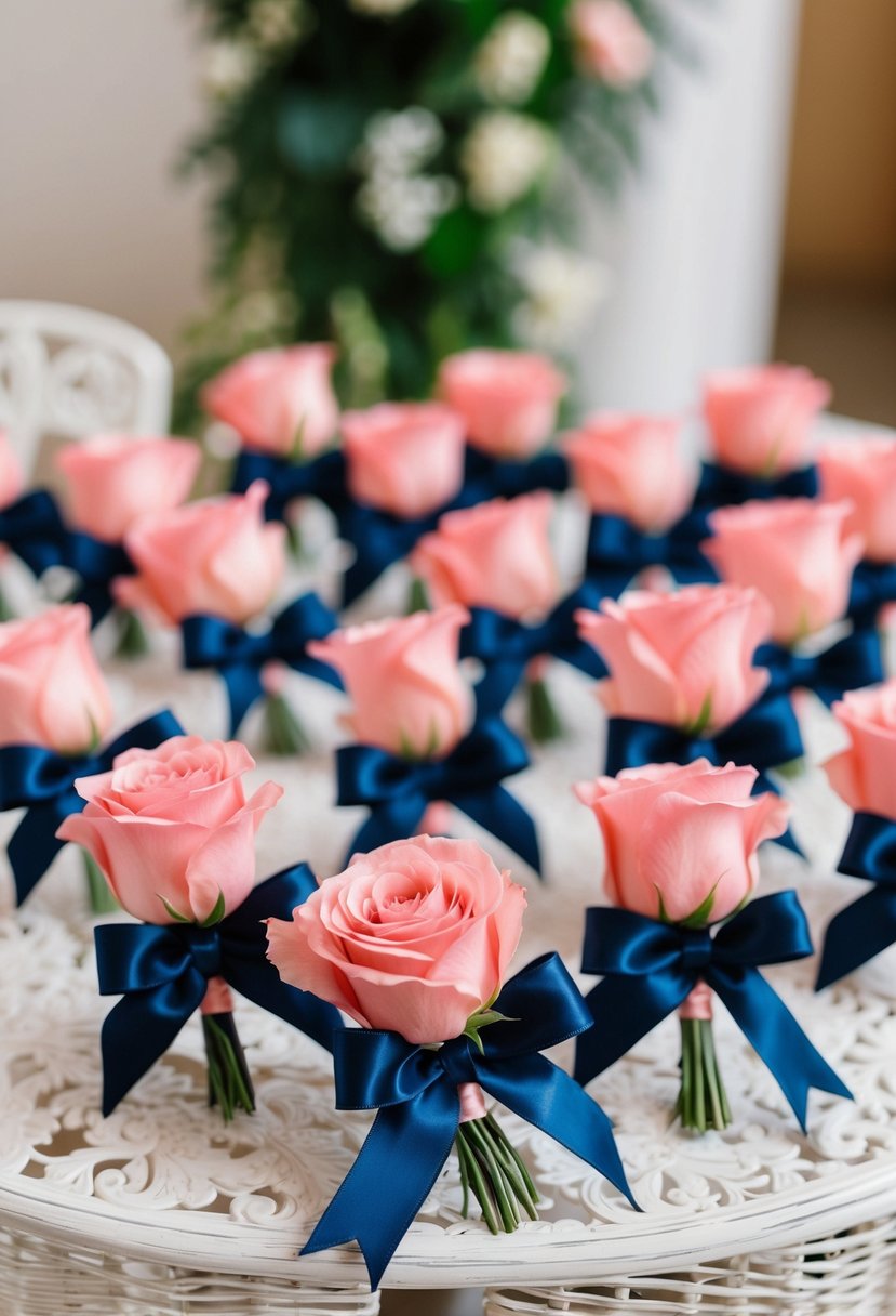 Rosy pink boutonnières with navy blue ribbon arranged in a decorative wedding setting