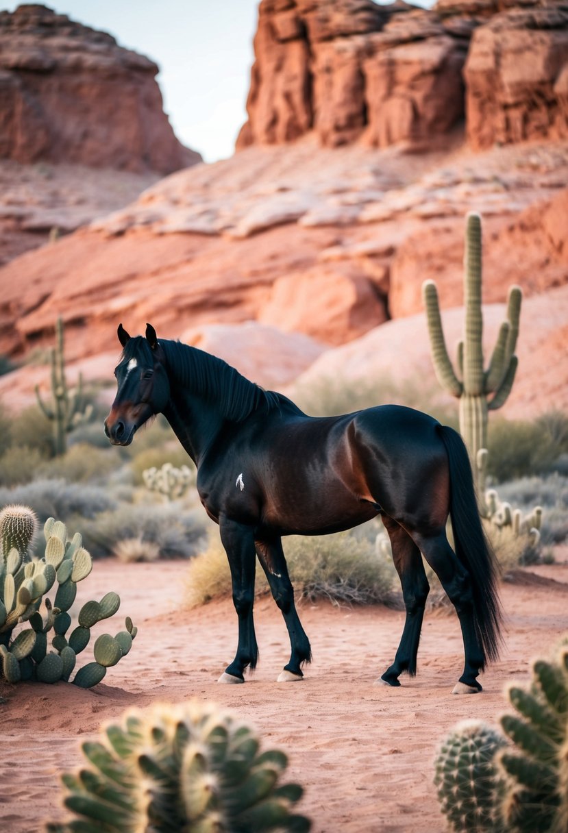 A majestic black stallion stands in a desert oasis, surrounded by rusty sandstone cliffs and neutral-toned cacti