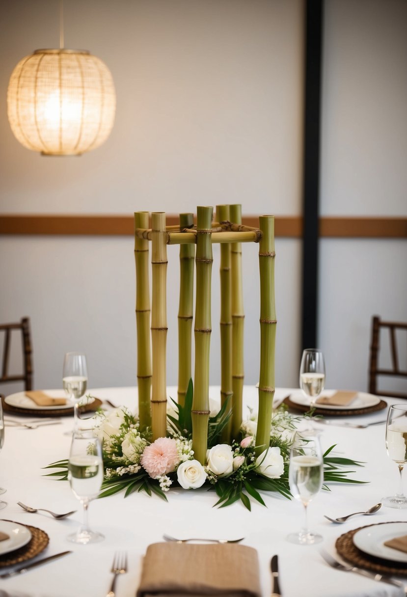 A bamboo centerpiece sits on a Japanese wedding table, surrounded by delicate flowers and minimalist decor for a natural touch