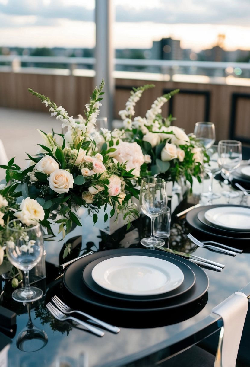 A sleek black and acrylic wedding table set with elegant floral arrangements and modern dinnerware