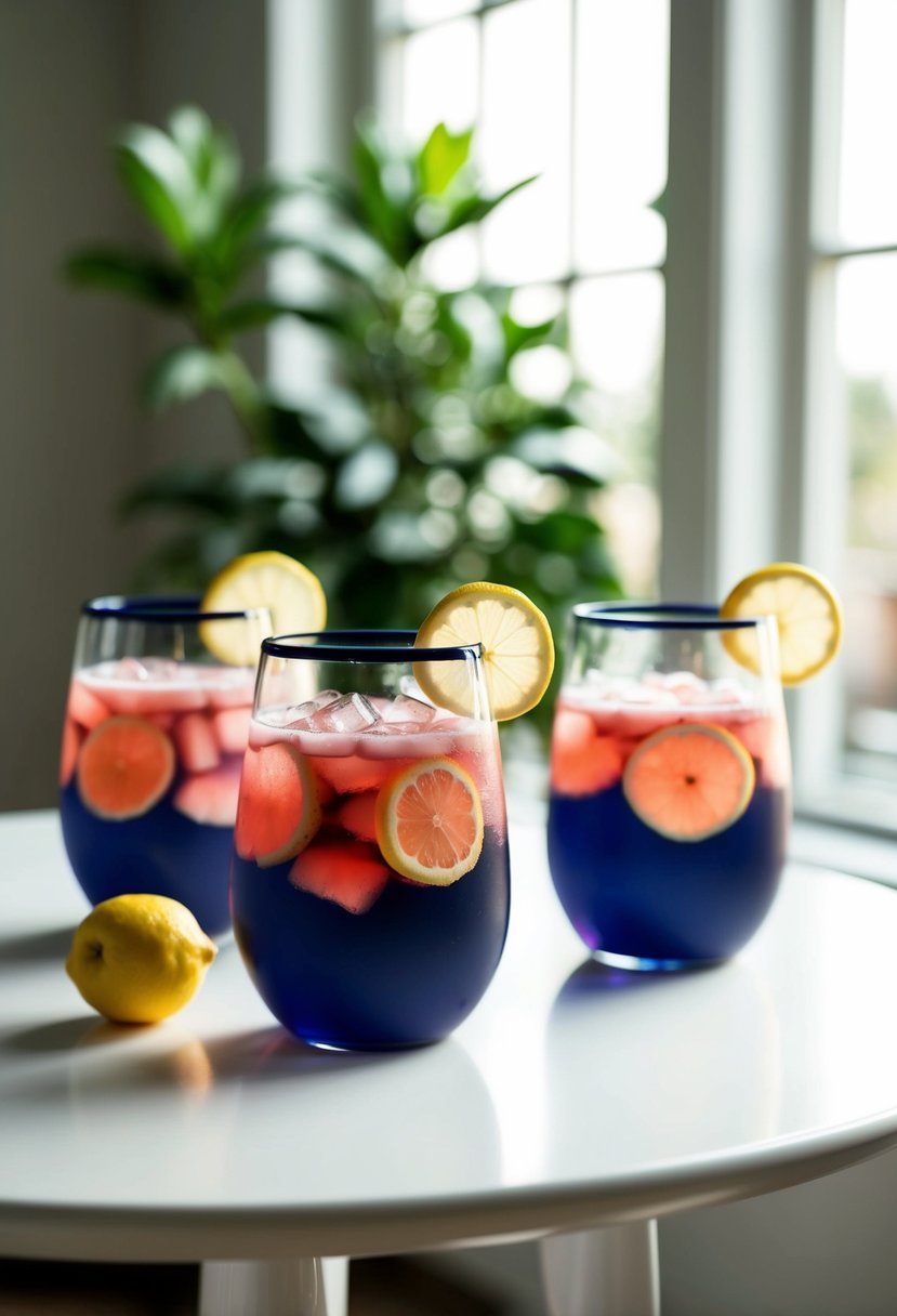 Navy blue glasses filled with rosy pink lemonade on a white table