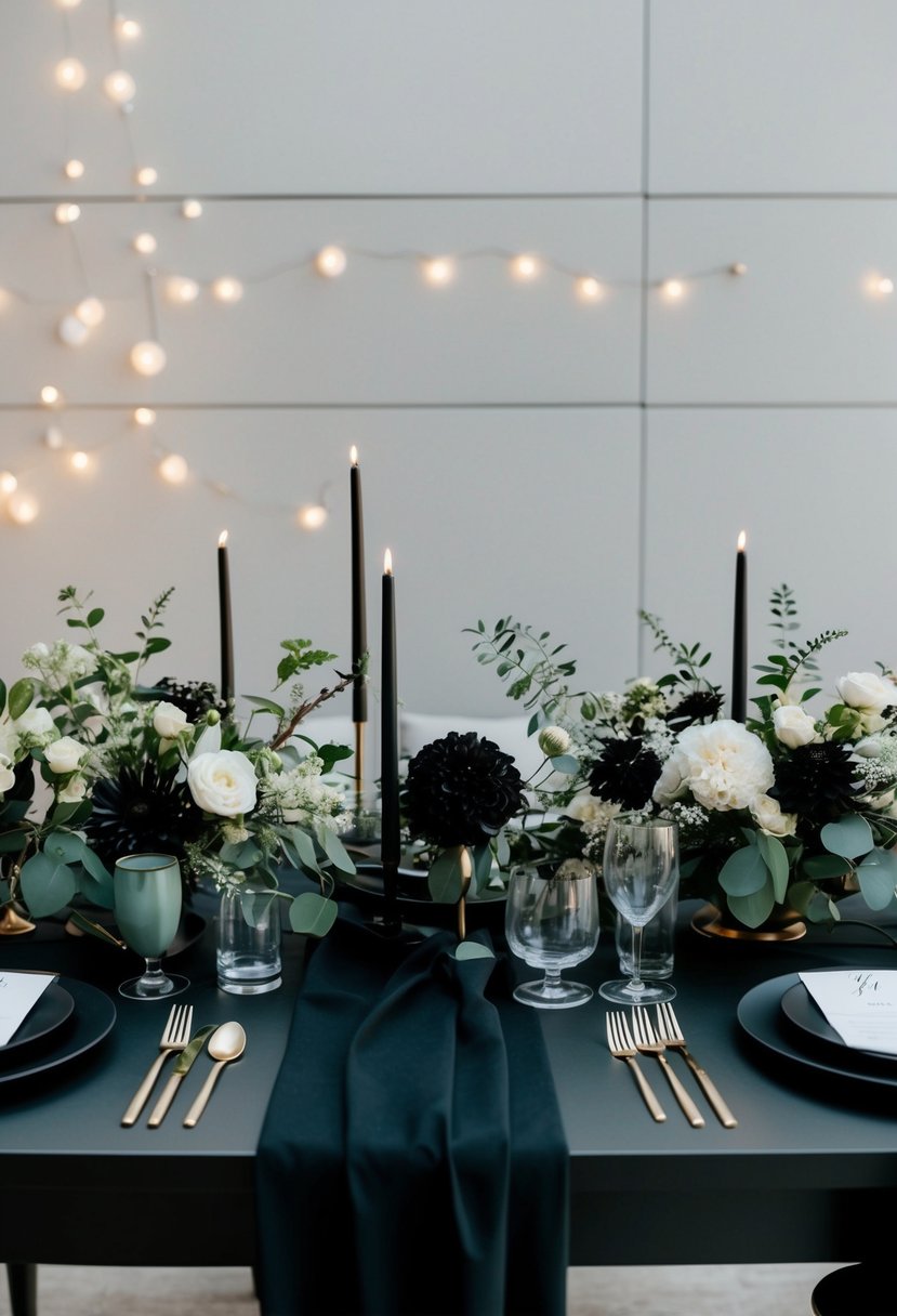 A sleek black and sage wedding table setting with minimalist decor and elegant floral arrangements