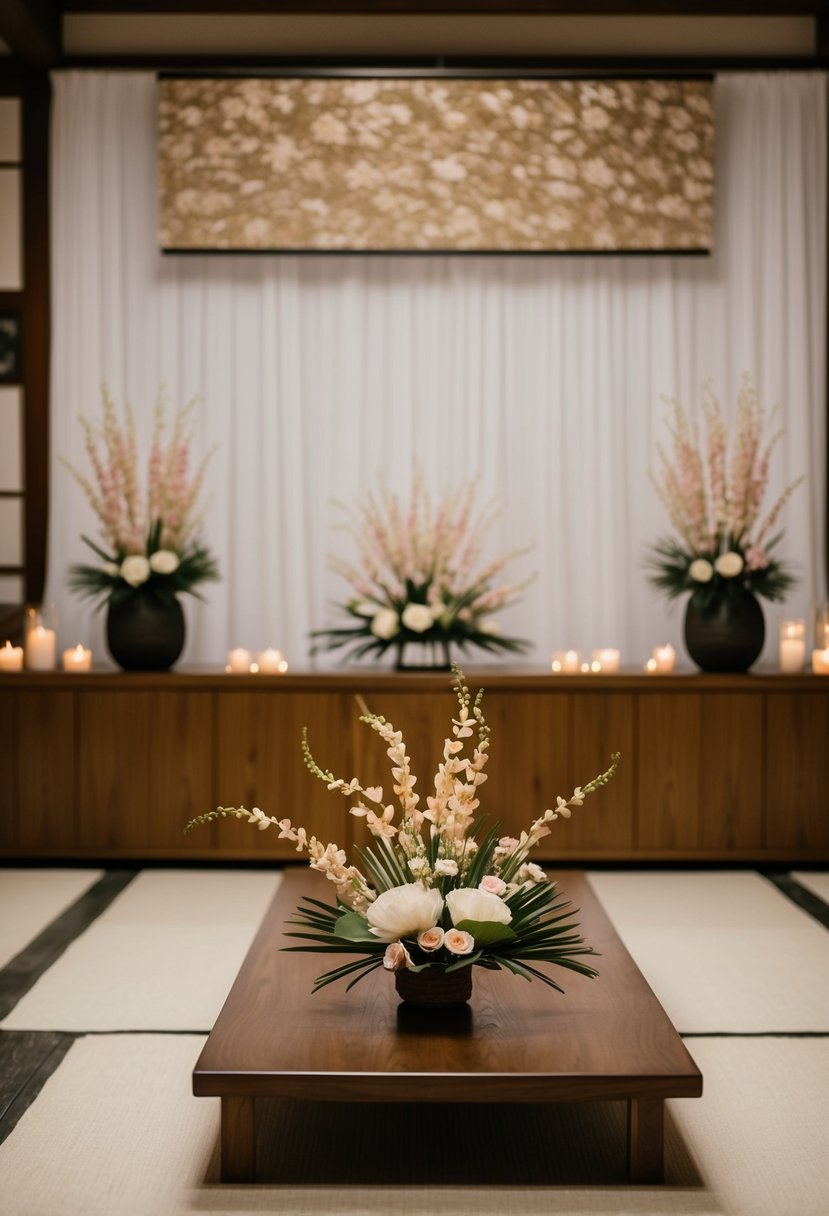 A low wooden table adorned with minimalist ikebana-inspired floral arrangements in muted tones, set against a backdrop of traditional Japanese wedding decor