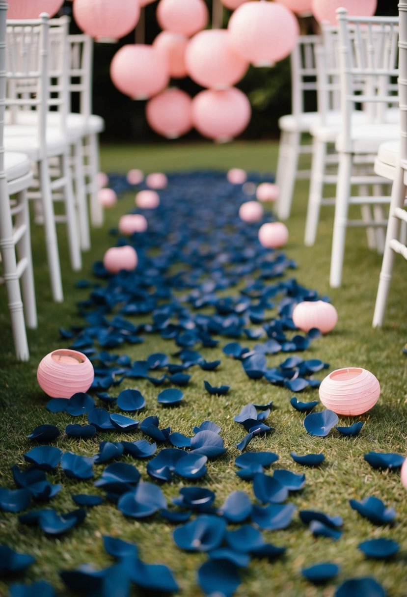 Navy blue petals scattered on aisle with rosy pink lanterns hanging above