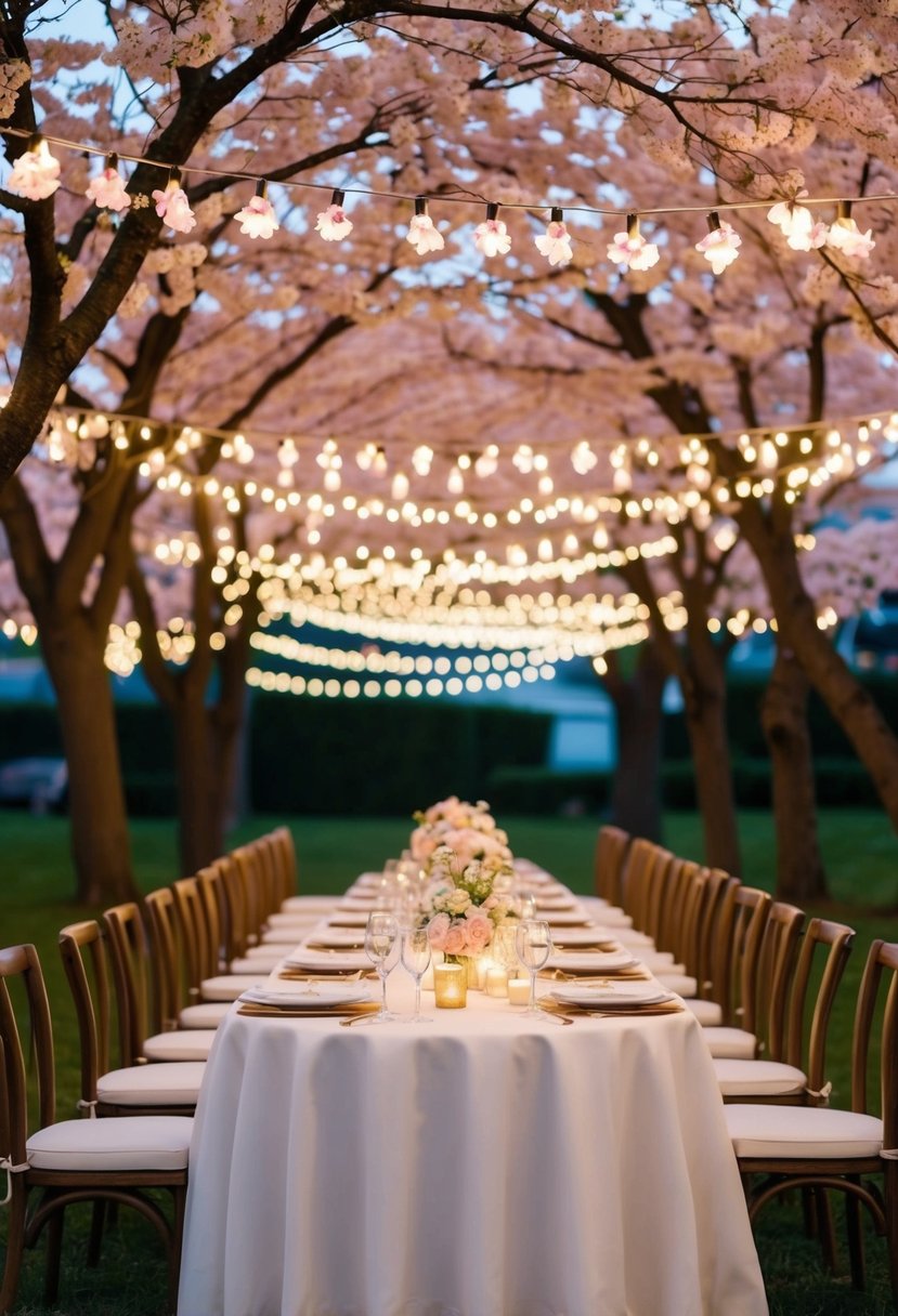 A table set with cherry blossom LED string lights for a Japanese wedding