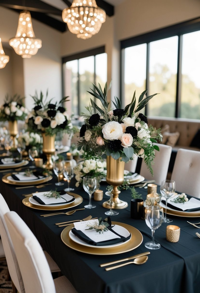 A stunning black and gold table setting with ornate floral centerpieces and elegant bohemian touches