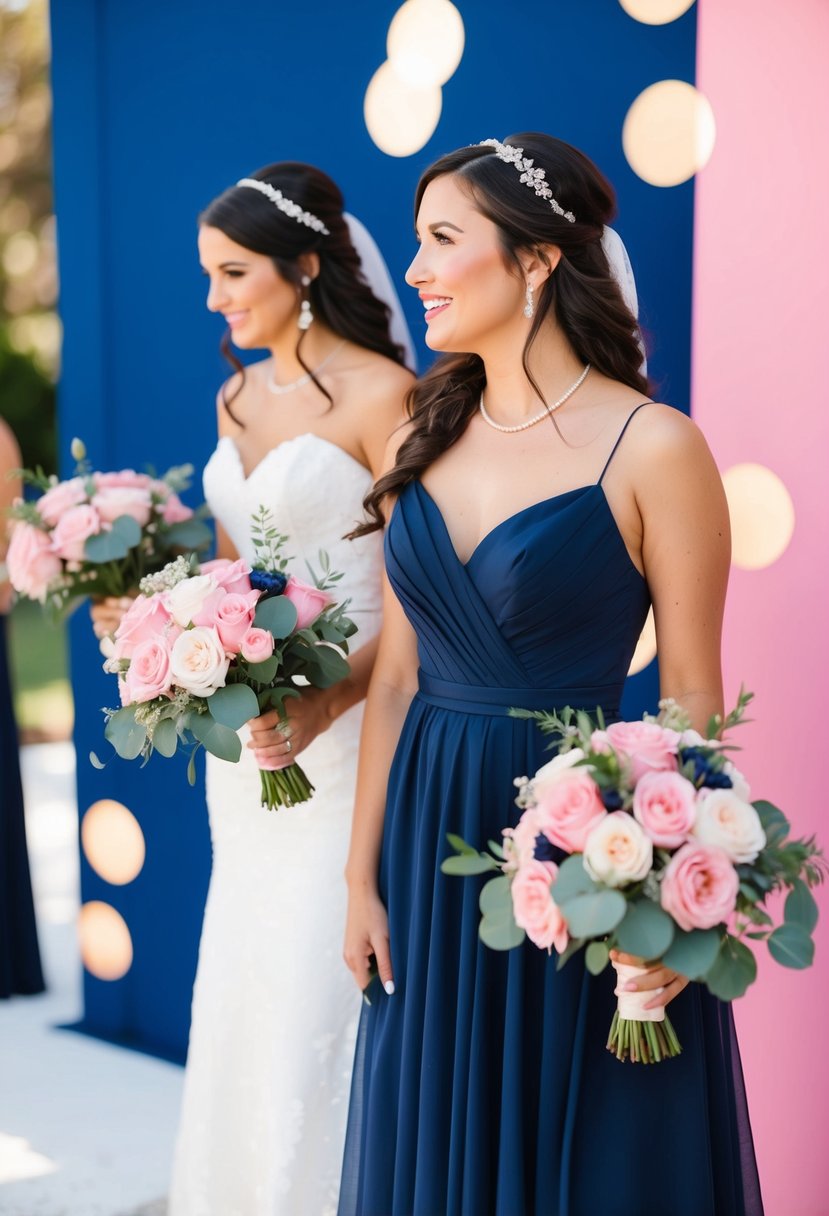 Navy blue dresses with rosy pink bouquets against a navy blue and rosy pink wedding backdrop