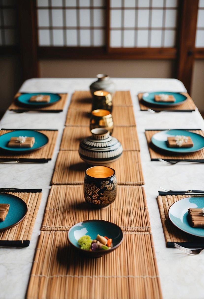 Rustic wooden placemats arranged on a Japanese wedding table, adorned with traditional decorations