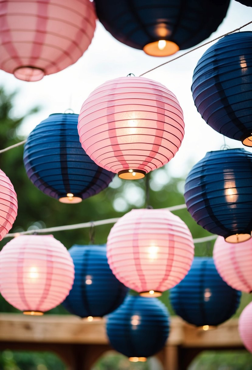 Rosy pink and navy blue paper lanterns hang in an outdoor wedding setting