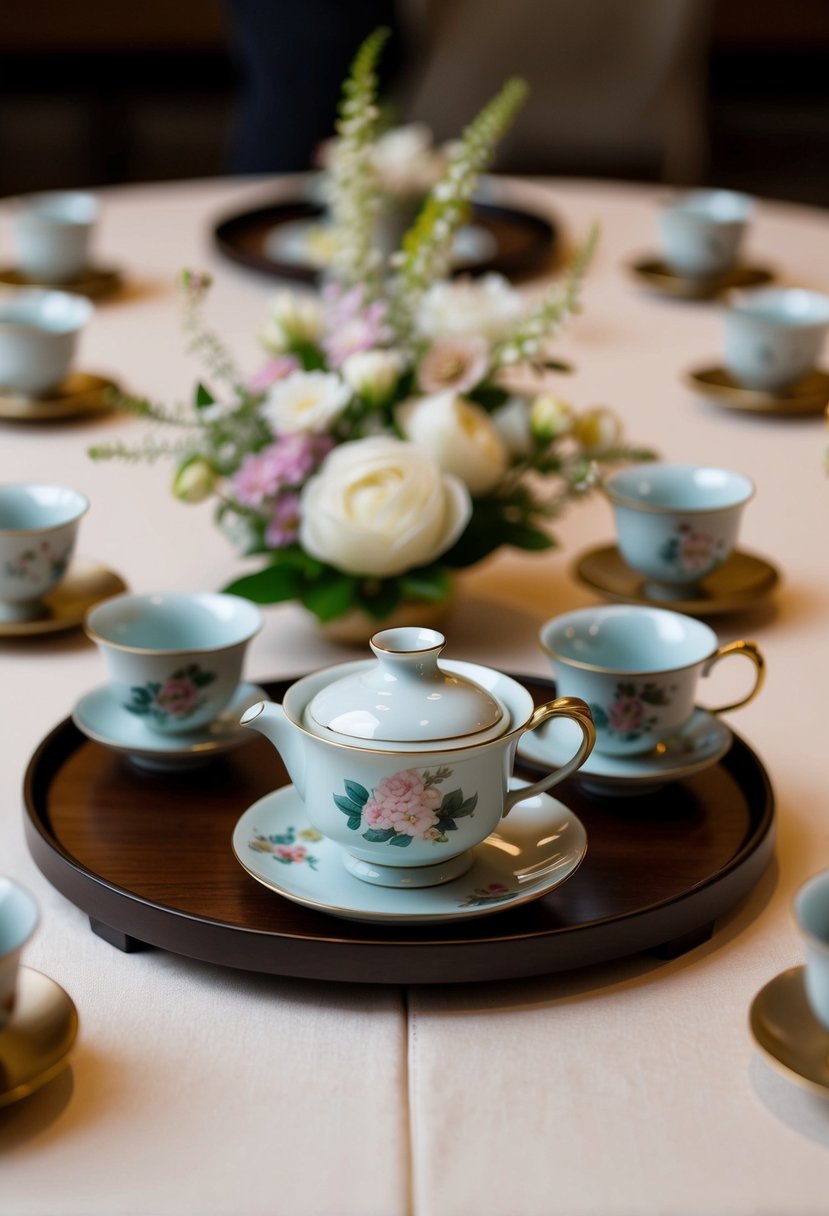 A handcrafted ceramic tea set arranged on a Japanese wedding table, surrounded by delicate floral decorations