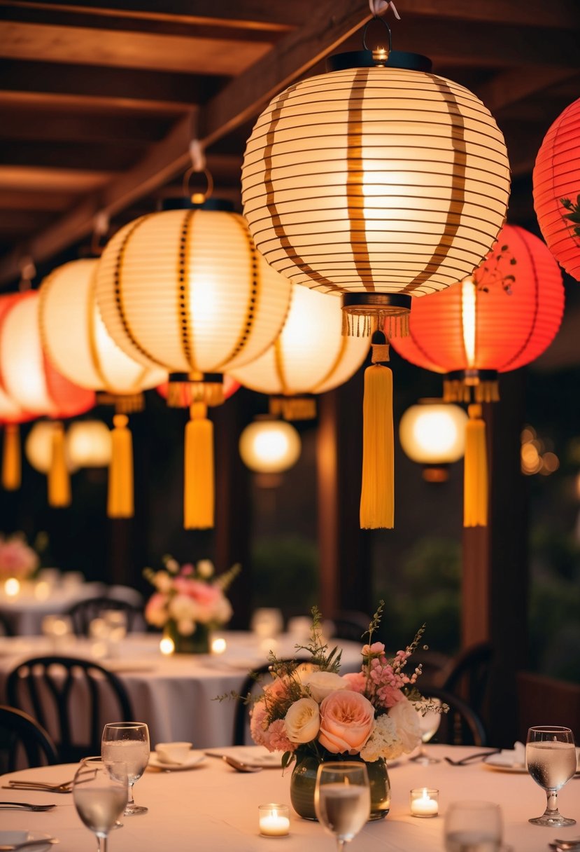 Japanese paper lanterns hang above tables, casting a warm glow on delicate floral centerpieces. Traditional motifs and colors create an elegant and serene atmosphere