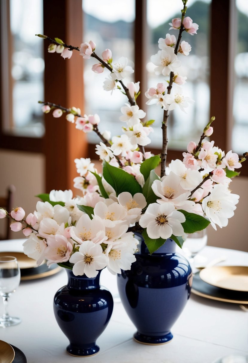 Plum blossom silk flowers arranged in vases for a Japanese wedding table decoration