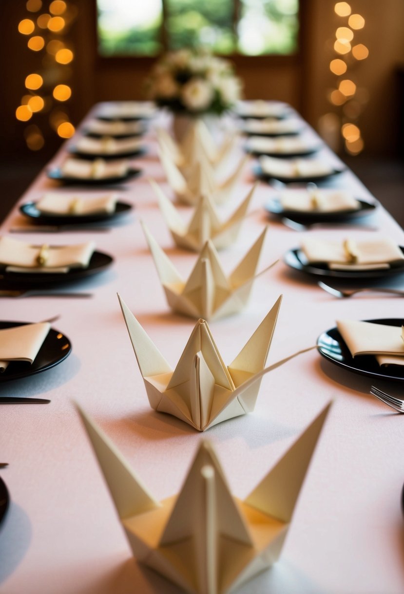 Several origami crane table decorations arranged on a Japanese wedding table