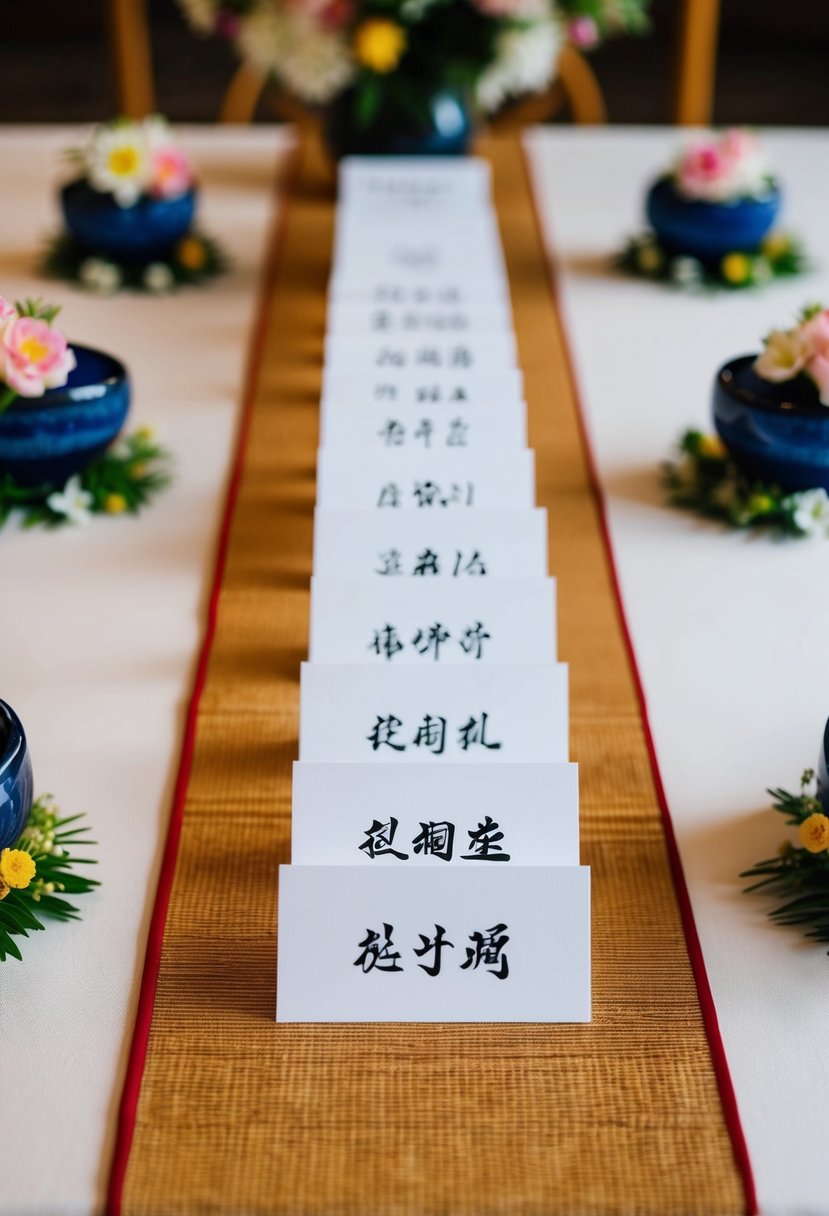 Japanese calligraphy name cards arranged on a traditional wedding table with floral decorations