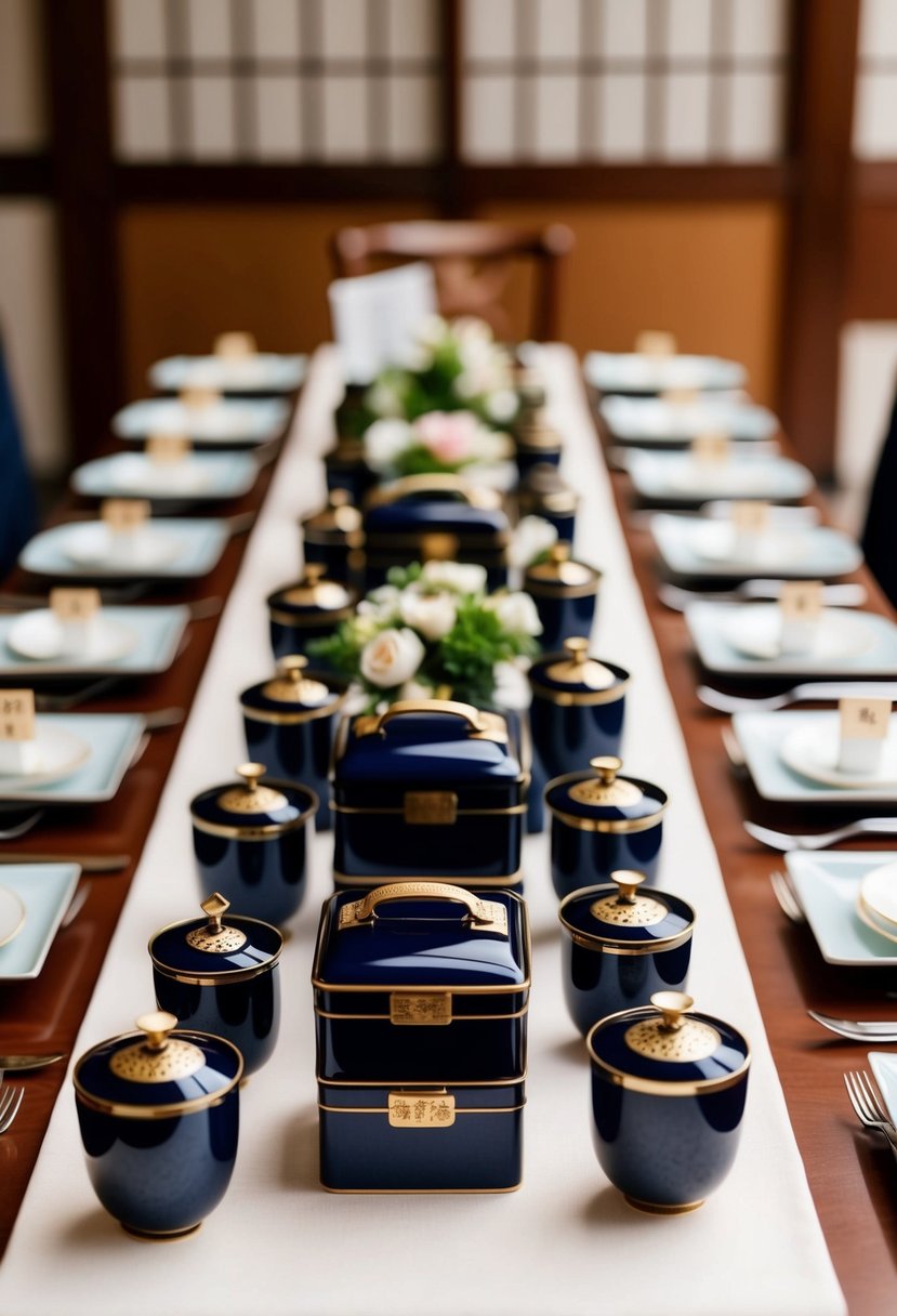 A traditional Japanese wedding table set with lacquered bento boxes and elegant place settings