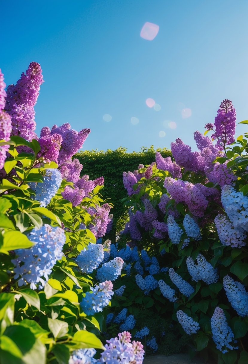 A lush garden filled with blooming lilac and sky blue flowers, set against a clear blue sky