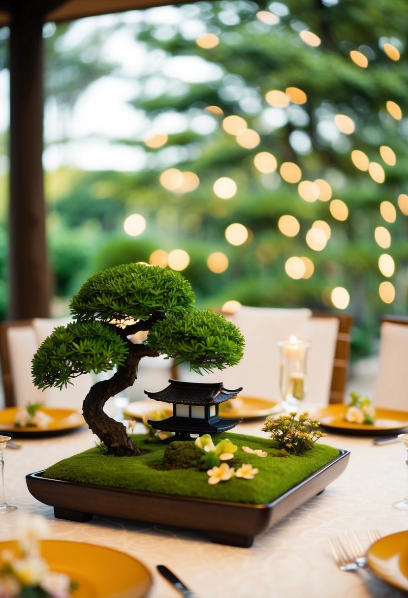 A serene Zen garden with miniature centerpieces adorns a Japanese wedding table