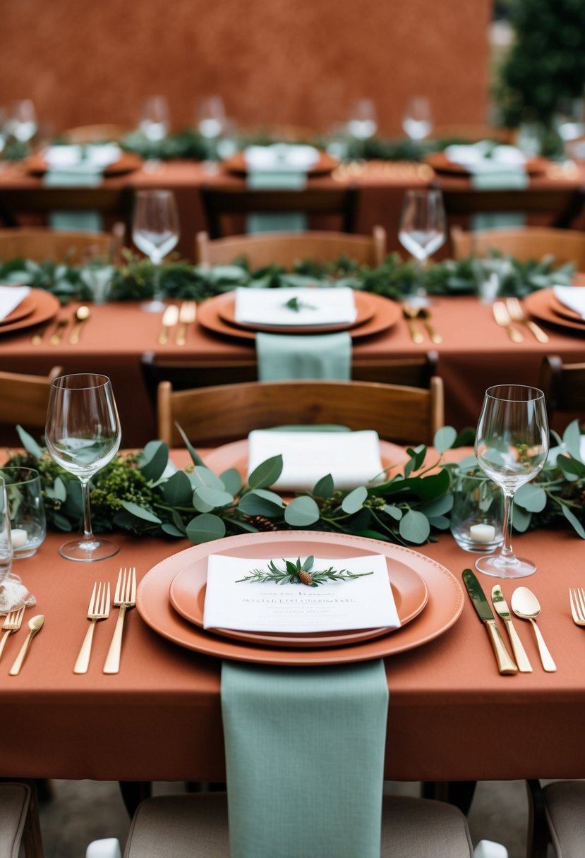 A terracotta and sage wedding scene with earthy tones and greenery accents