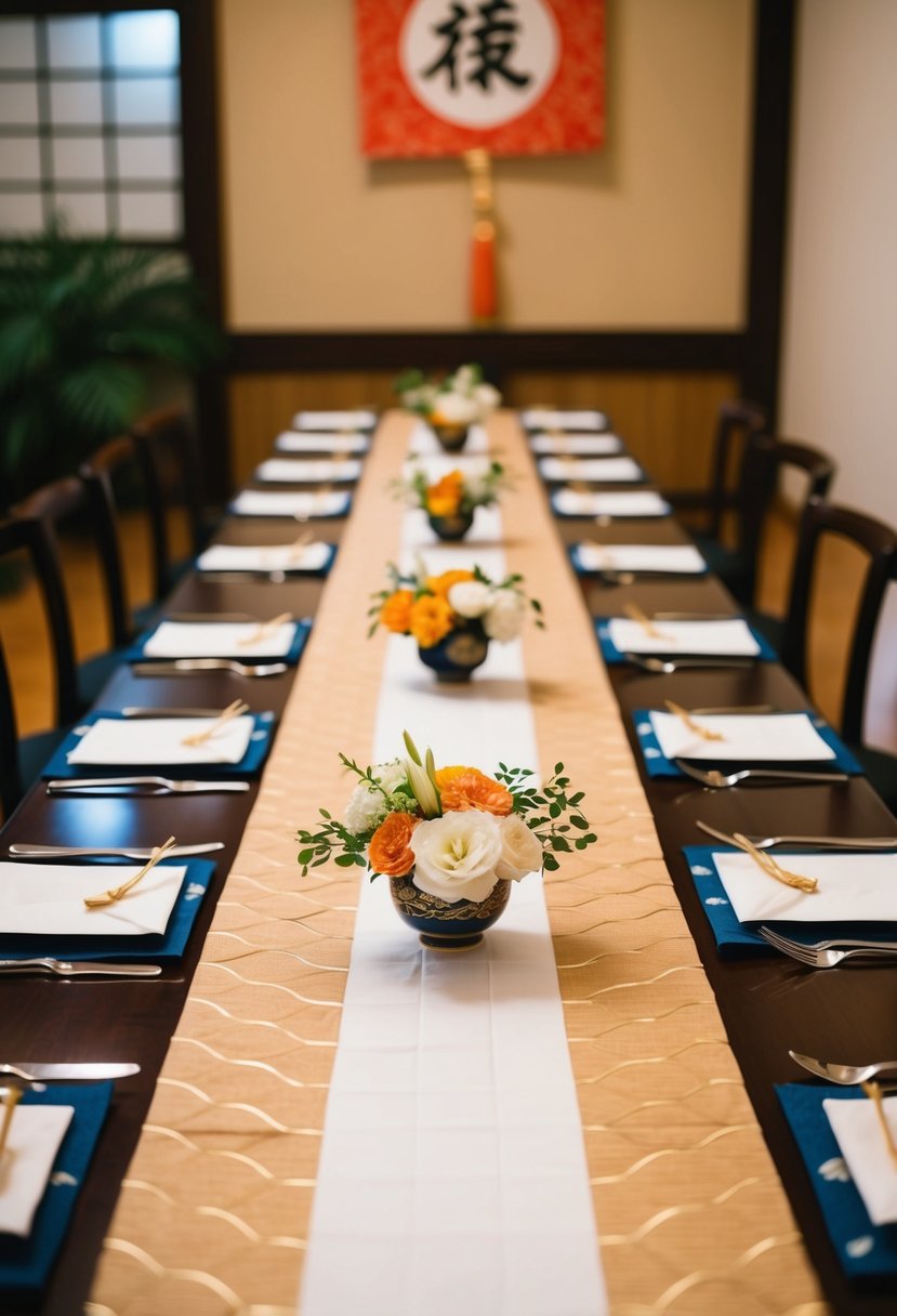 A Japanese wedding table adorned with rice paper table runners and traditional decorations