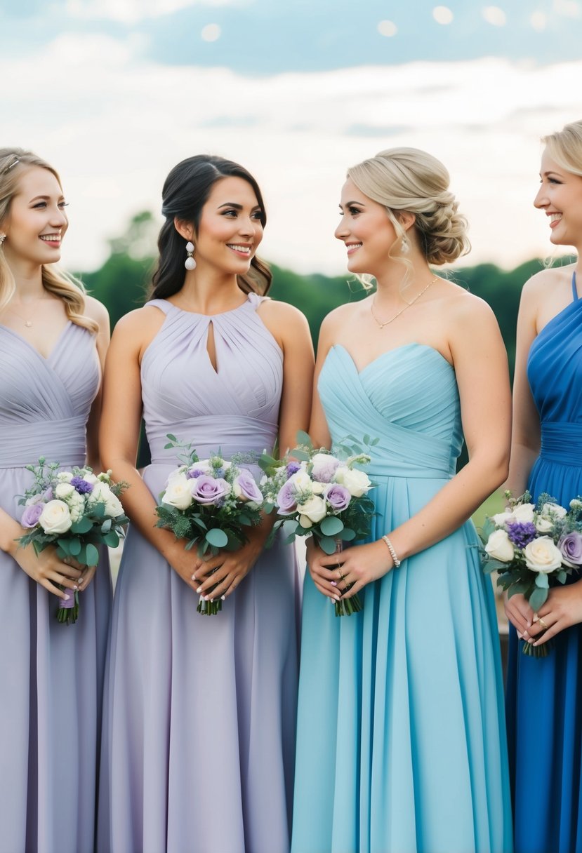 Bridesmaid dresses in lilac and sky blue, arranged in a cohesive color scheme