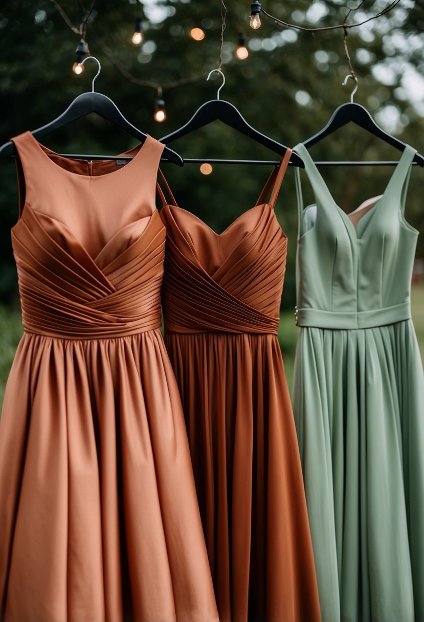 Terracotta and sage green dresses in a wedding setting