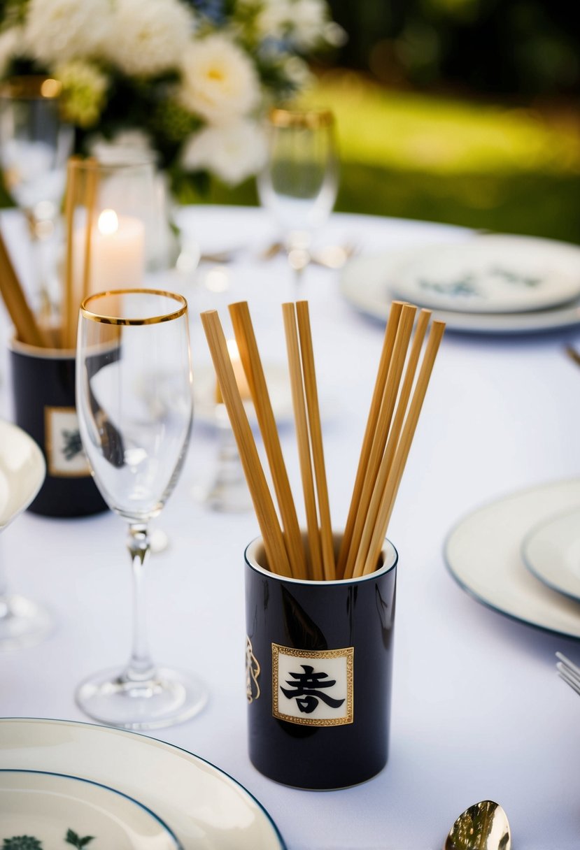 Chopstick holders with Japanese motifs on a wedding table