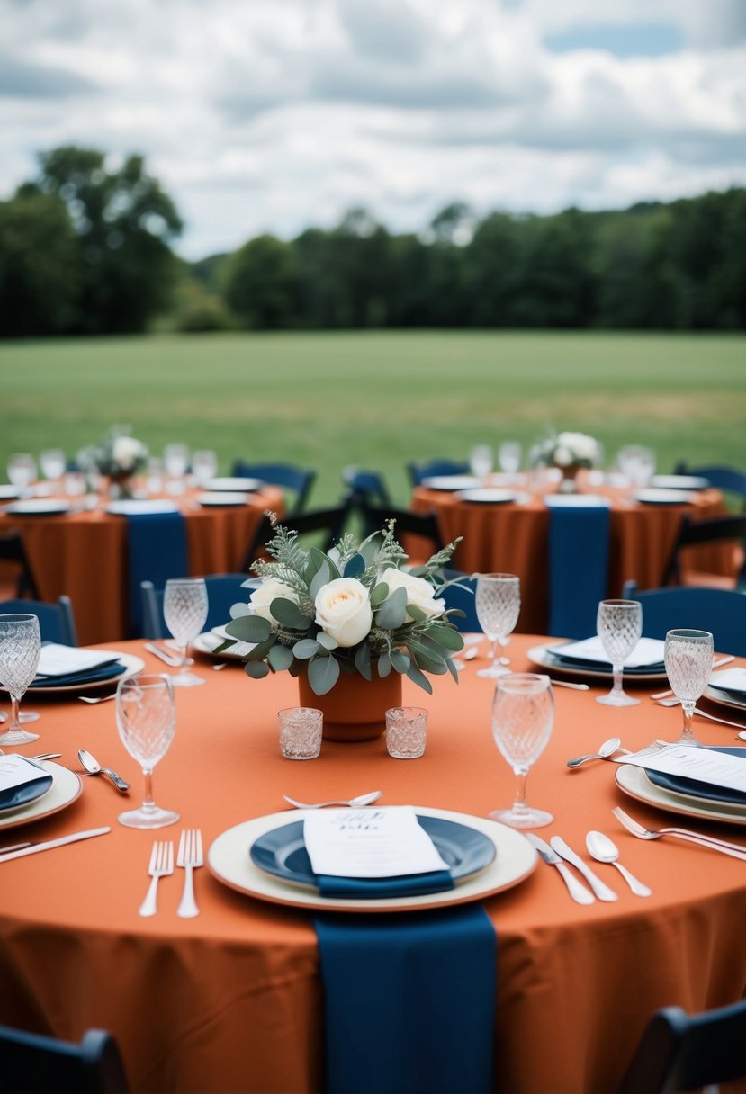 A terracotta and sage wedding table set with navy blue accents