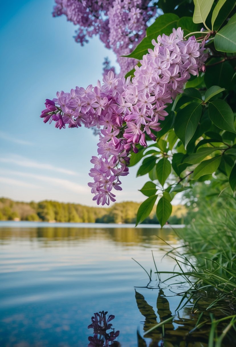 A serene lakeside with lilac flowers and a clear sky reflecting in the water