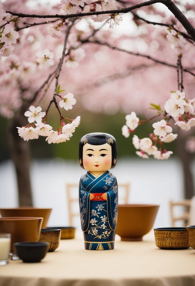 A traditional Kokeshi doll surrounded by delicate cherry blossom branches on a Japanese wedding table