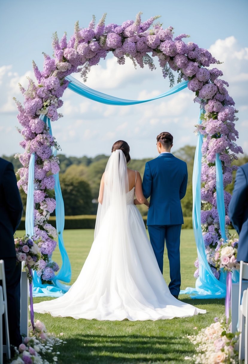 A romantic floral arch in lilac and sky blue stands at the center of the ceremony, with delicate blooms intertwined with flowing ribbons